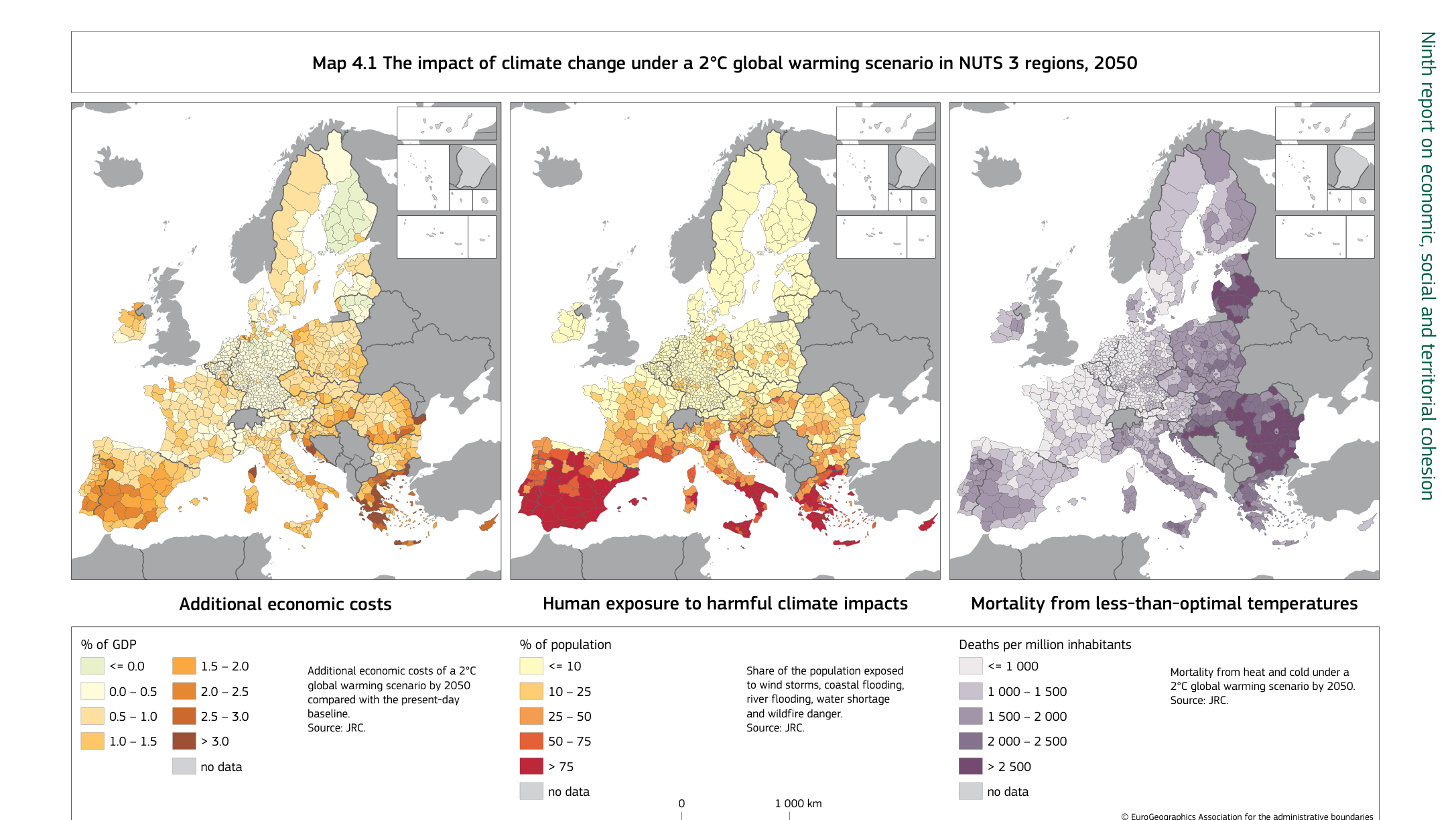 Map 4.1 The impact of climate change under a 2°C global warming scenario in NUTS 3 regions, 2050