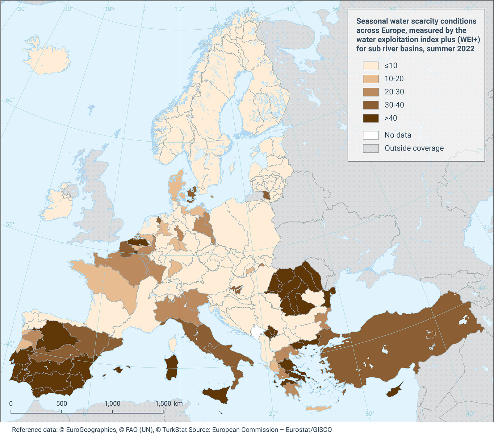 Summer water scarcity conditions across Europe, 2022