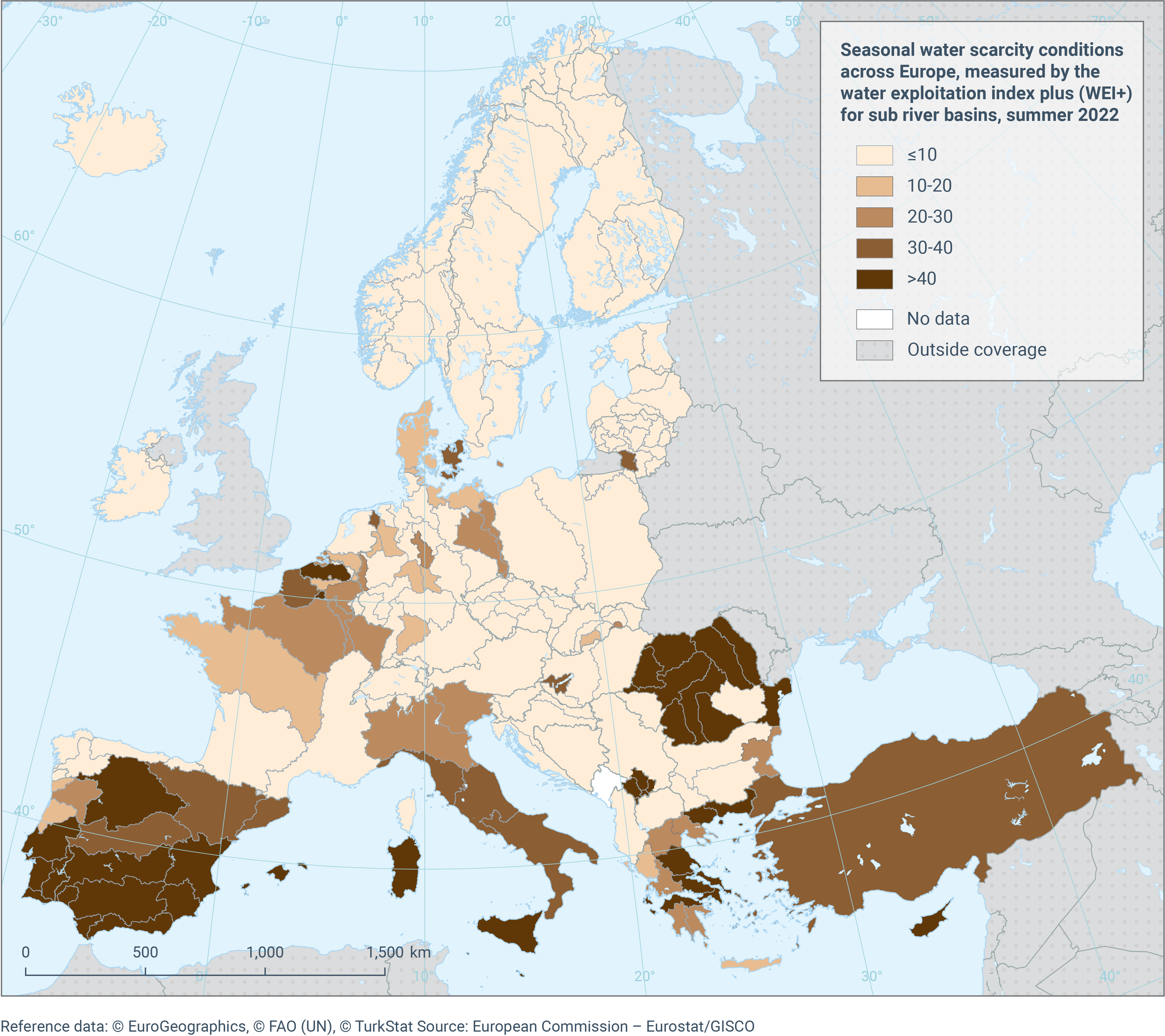 Summer water scarcity conditions across Europe, 2022